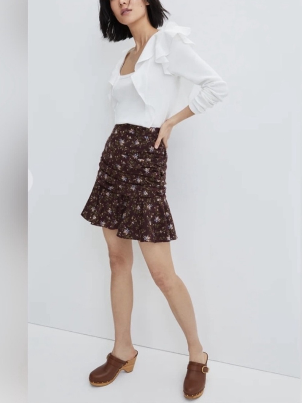Veronica Beard Taras Ruched Silk Burgundy Floral Mini Skirt Size 6